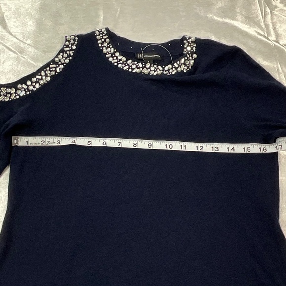 INC Women’s Embellished Cold Shoulder Sweater Navy Beaded Neckline Size S NWT - Picture 6 of 12